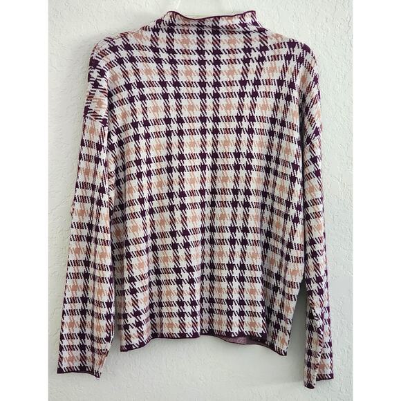 TOP/KNIT SWEATER-ANNE KLEIN-Houndstooth-Burgundy/Brown-Mock Turtleneck-Size LG-P - Picture 1 of 12
